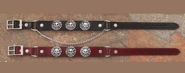 A pair of Cherry Brown or Black Leather Skull Bones Cowboy boot chains.
