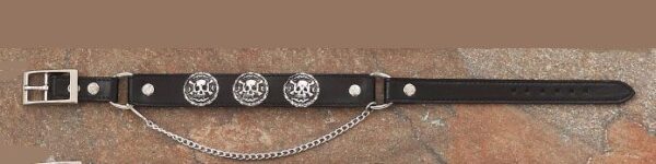 A black leather Cherry Brown or Black Leather Skull Bones Cowboy boot chain with a chain on it.
