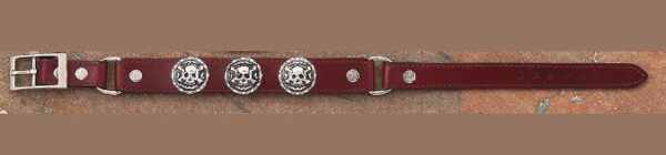 A Cherry Brown or Black Leather Skull Bones Cowboy boot chains dog collar with a silver buckle.