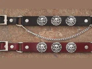 Two Cherry Brown or Black Leather Skull Bones Cowboy boot chains with skulls on them.