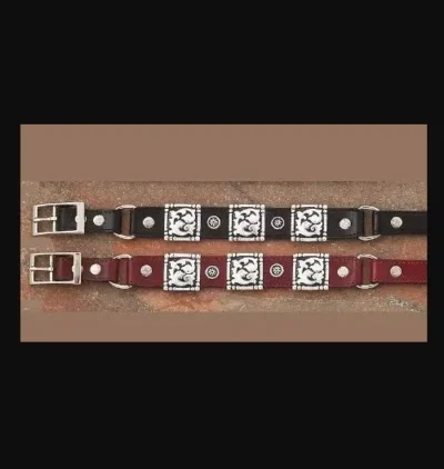 A pair of Cherry Brown or Black Leather Square Concho Cowboy boot chains with silver buckles.