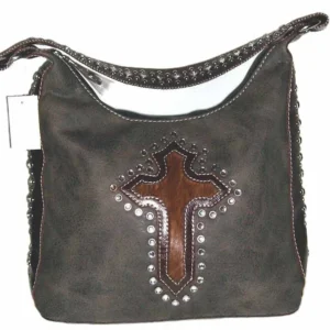 Cross inlay brown hair on hide rhinestone western purse