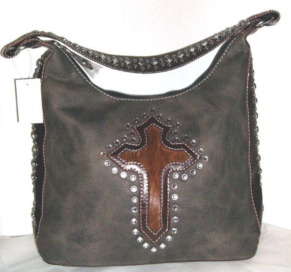 A handbag with the Cross inlay brown hair on hide rhinestone western purse.
