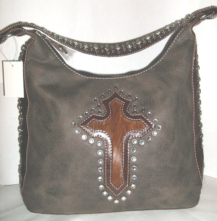 Cross inlay brown hair on hide rhinestone western purse