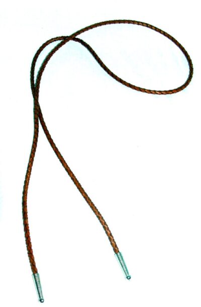 A 36" brown leather bolo tie string with two metal hooks on a white background.