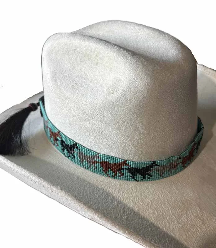 Running Horses Turquoise Beaded Horse Hair Tassel Hat Band 2 Running Horses Turquoise Beaded Horse Hair Tassel Hat Band