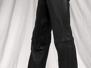 A man wearing a pair of Unisex cowhide Black leather chaps.