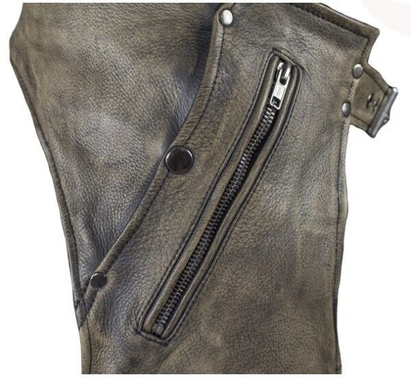 A pair of Distressed Brown Leather Pocket Chaps with zippers and zippers.