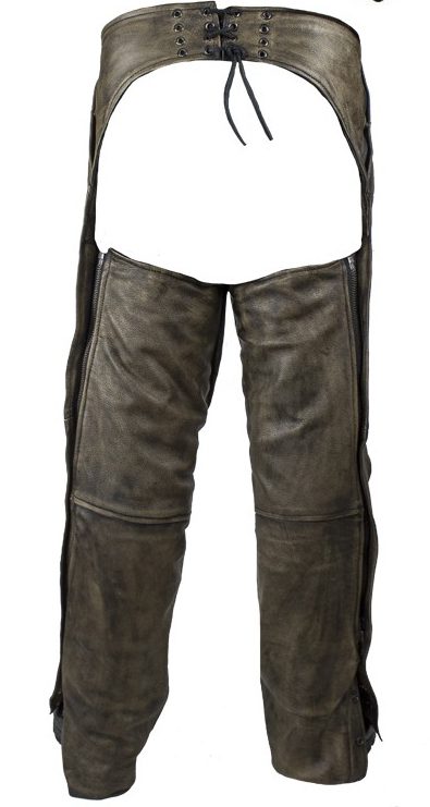A pair of Distressed Brown Leather Pocket Chaps with zippers.