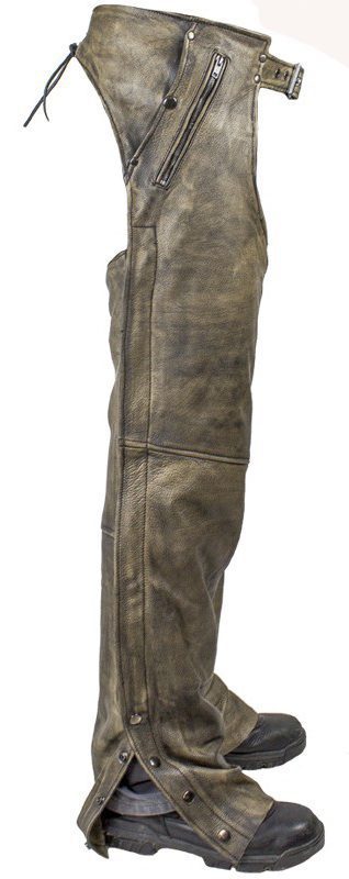A pair of Distressed Brown Leather Pocket Chaps with zippers on the side.