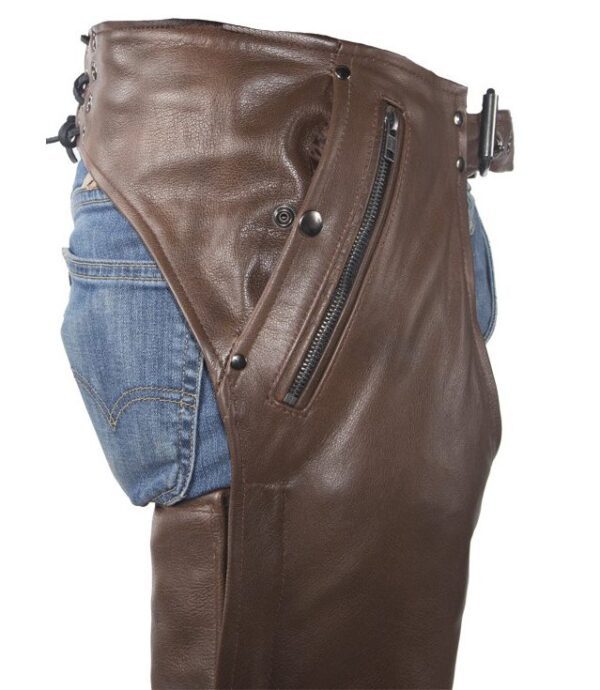 A pair of Brown Leather Pocket Chaps with zippers.