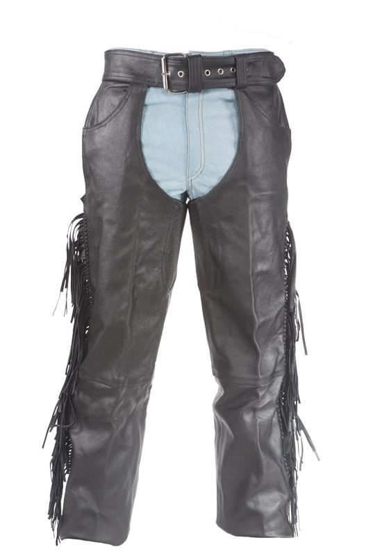 A pair of Black leather braided fringe chaps.