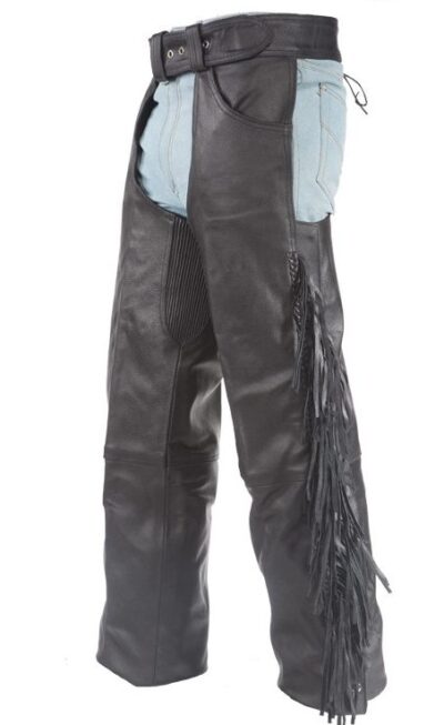 A pair of black leather braided fringe chaps.