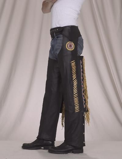 Beautiful designed and colorful Native American Indian style chaps * Detailed beaded accents * Bones down the side. * Golden brown fringe * Zippered side closure •