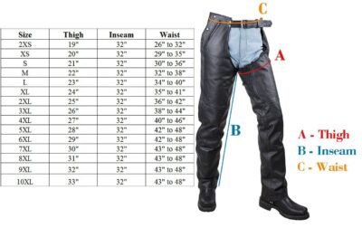A chart showing the measurements of a woman's black leather braided fringe chaps.