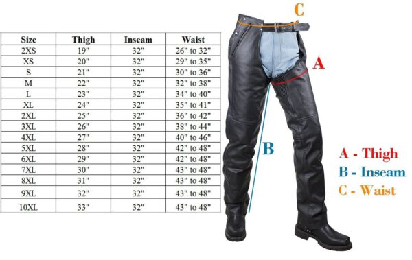 A chart showing the measurements of a pair of Blue jean real cowhide leather chaps.