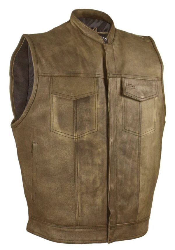 A Mens Distressed Brown Leather Concealed Carry Vest on a white background.