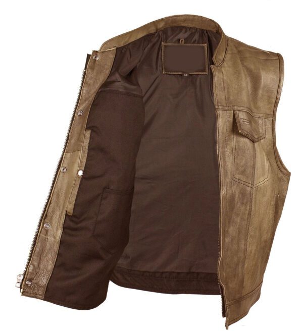 A Mens Distressed Brown Leather Concealed Carry Vest on a white background.