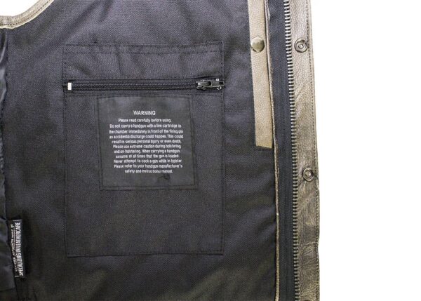 An image of a Mens Distressed Brown Leather Concealed Carry Vest with a label on it.