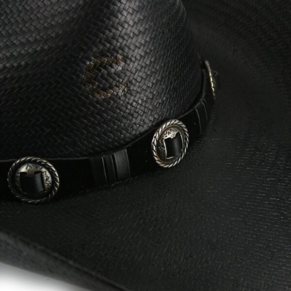 A "With the Band" Charlie 1 Horse Black Straw Cowboy Hat with a silver buckle, featuring a Charlie 1 Horse straw hat design.