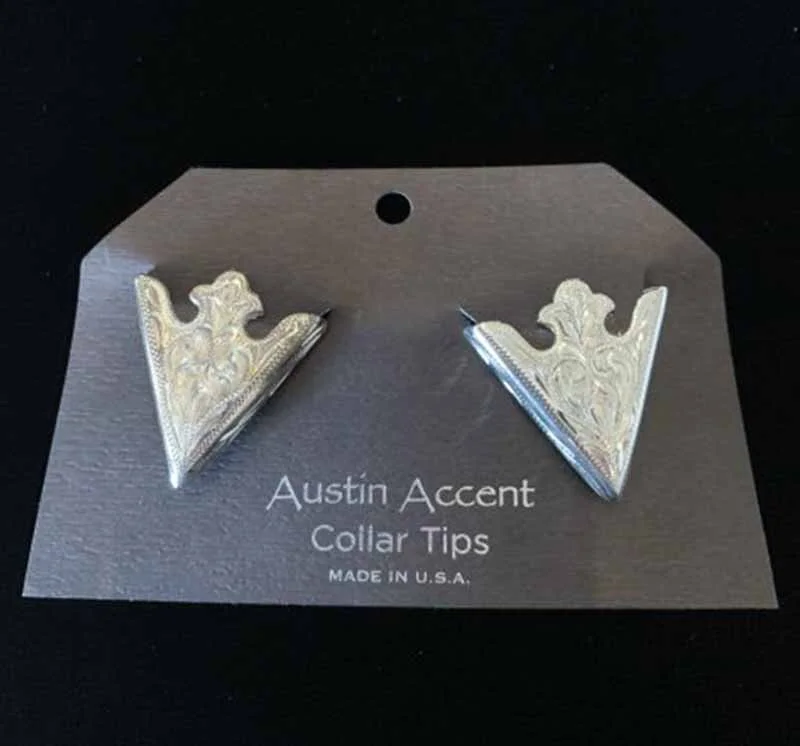 Small Silver Western Shirt Collar Tips - 1.1/4" USA 3 Sterling laser etched collar tips