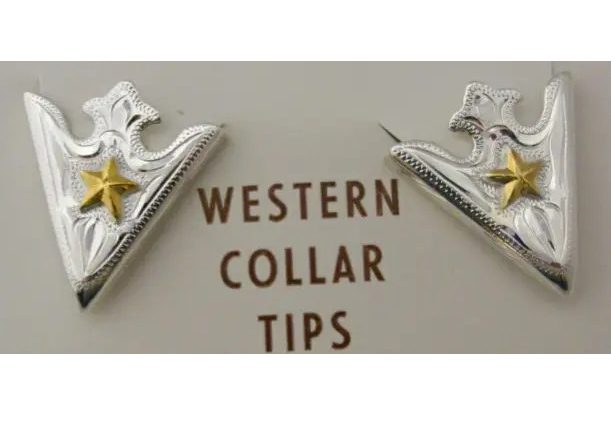 A pair of "Western Star" Silver Gold Star shirt collar tips on a card.