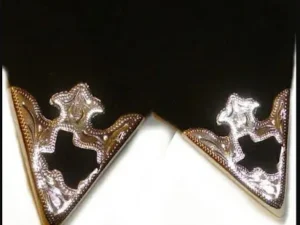 A pair of black and silver "Texas Pride" sterling silver shirt collar tips with a design on them.