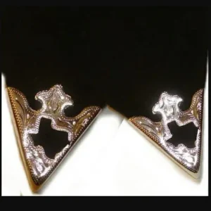 A pair of black and silver "Texas Pride" sterling silver shirt collar tips with a design on them.