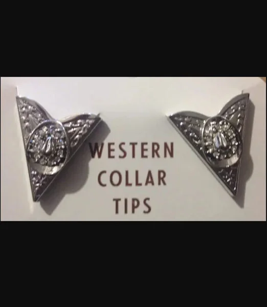 A pair of earrings with the words Silver crystal cowboy hat collar tips- USA.