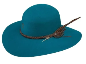 Womens teal wool hat with feather band