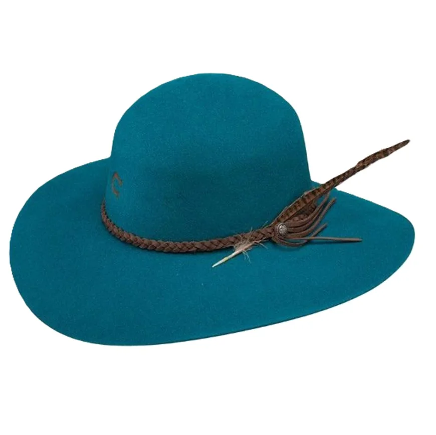 Womens teal wool hat with feather band