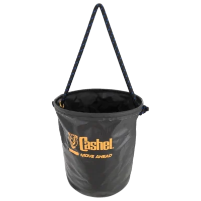 A black Horse water Pail collapsible in MED or LARGE with an orange handle that is perfect for carrying water.