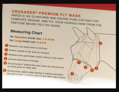 A Crusader UV Rated Horse Fly Mask with Nose and Ears with instructions on how to use it.
