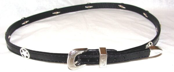 A black leather belt with a silver buckle.
