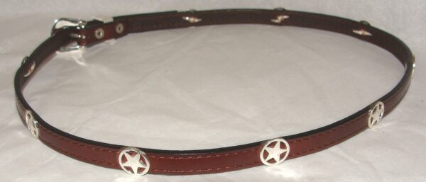 A Silver Western Star on Brown leather cowboy hat band with silver stars on it.