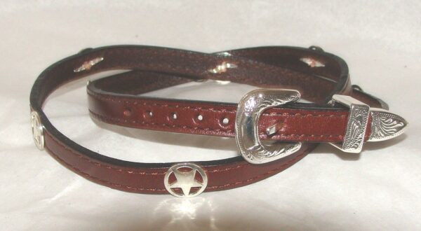 A brown leather belt with a Silver Western Star on Brown leather cowboy hat band buckle.