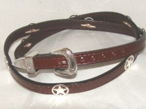 A brown leather belt with a Silver Western Star on Brown leather cowboy hat band.