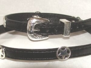 Two black leather collars with silver buckles.