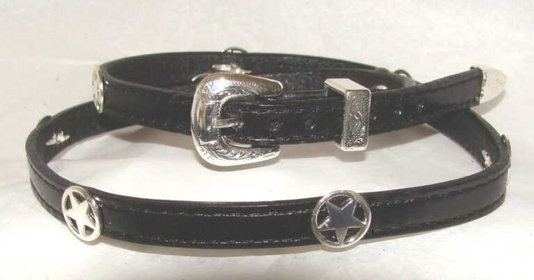 Two black leather collars with silver buckles.