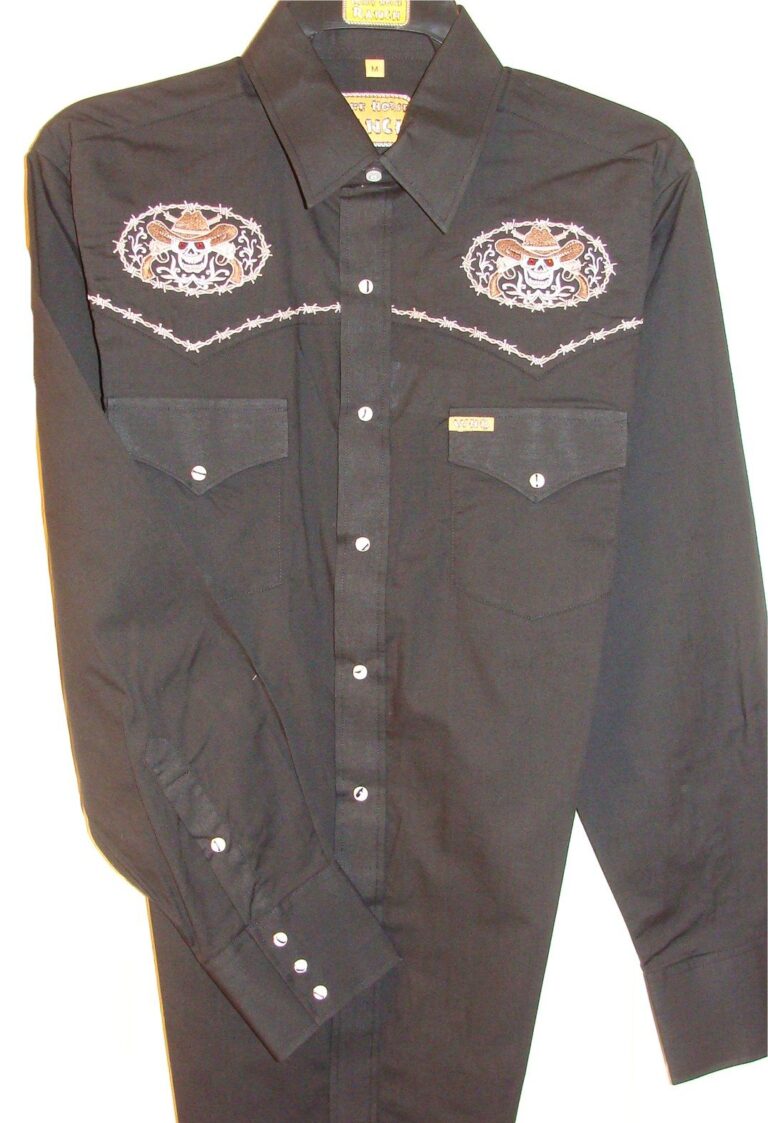 A men's black western shirt with an embroidered design.