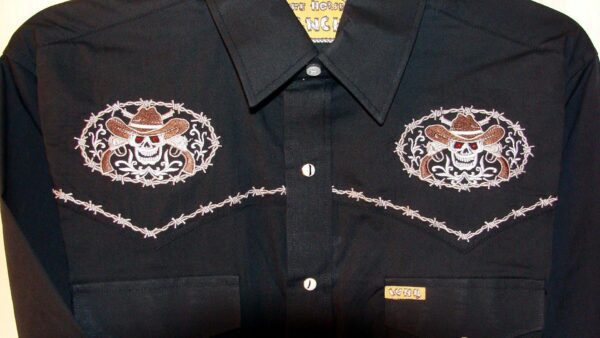 A Mens "Ghost Lawmaker" Black skull western shirt with a skull and crossbones embroidered on it.