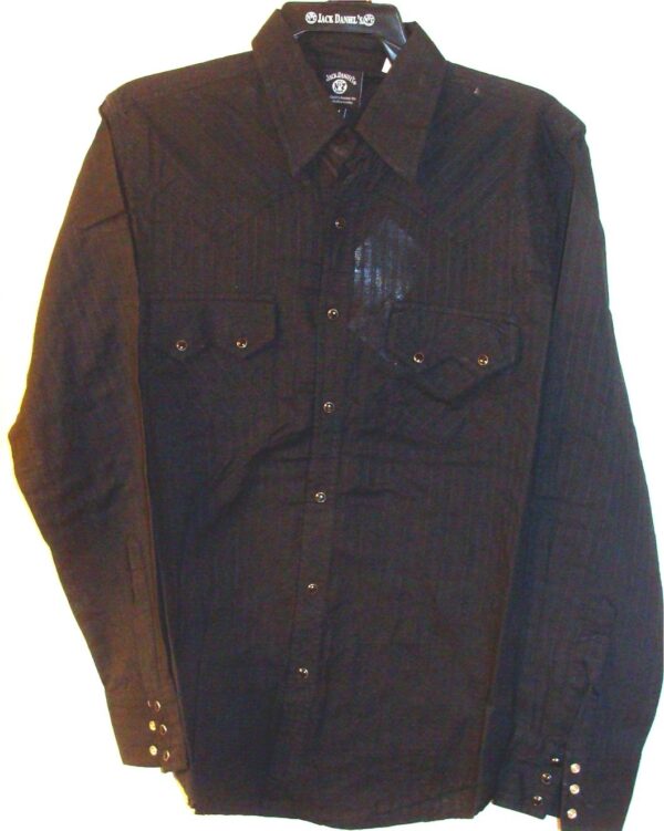 A Jack Daniel's Tennessee Whiskey bottle black western shirt with buttons on it.