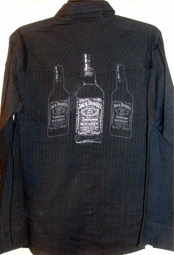 A black shirt with three bottles of jack daniels on it.