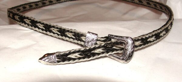 A black and white braided belt with a Sterling Silver Buckle, white and Black Horse hair hat band USA.