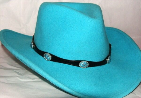 A Sterling Silver Buckle Turquoise stone black leather hat band cowboy hat.