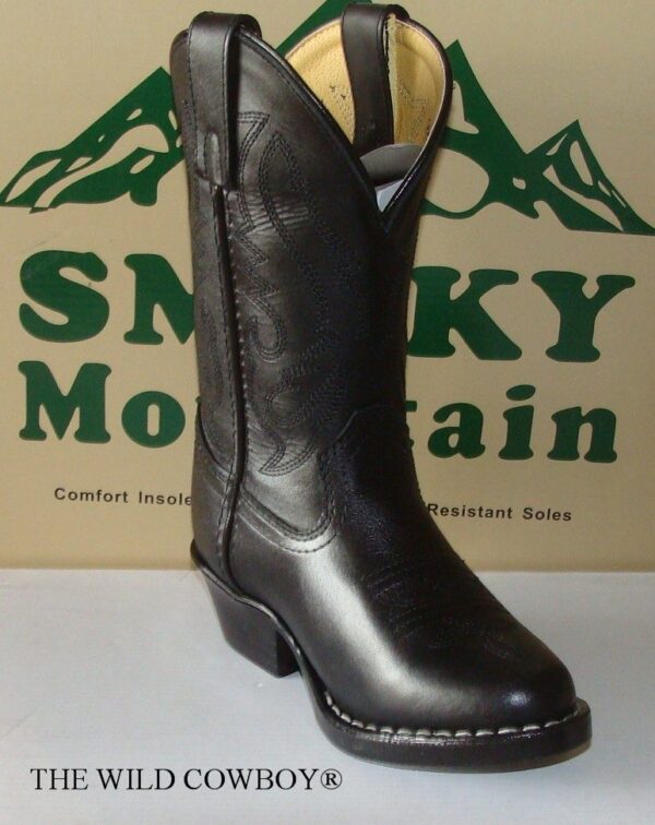 A Child 11 WIDE "Denver" Black leather cowboy boot with the smoky mountain logo.