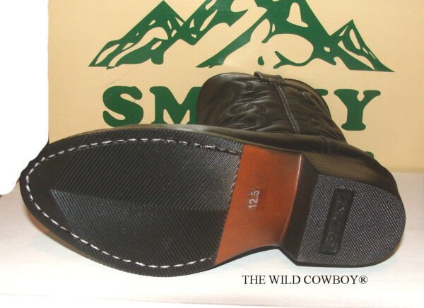 A pair of Child 11 WIDE "Denver" Black leather cowboy boots with the word smoky on them.