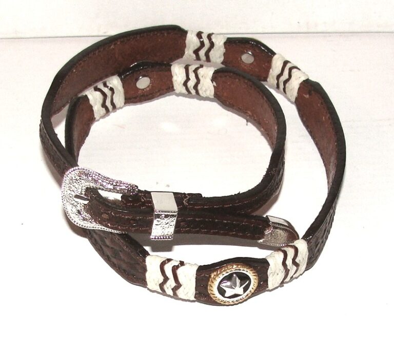 A brown and white leather bracelet with a silver buckle.