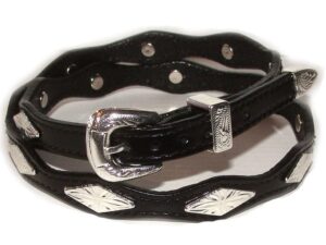 A Black scalloped leather Silver Diamond Buckle hat band with a silver buckle.