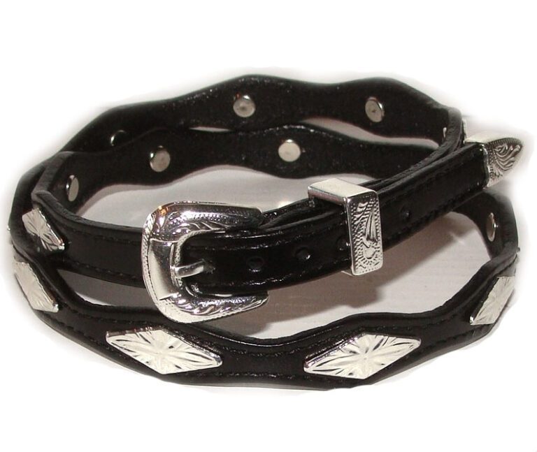 A Black scalloped leather Silver Diamond Buckle hat band with a silver buckle.